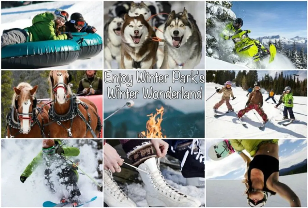 A vibrant winter scene featuring people tubing down snowy hills, huskies ready for a dog sled ride, children playing in the snow, snowboarding and skiing action, a horse-drawn carriage, a cozy fire pit, and families enjoying various cold-weather activities.