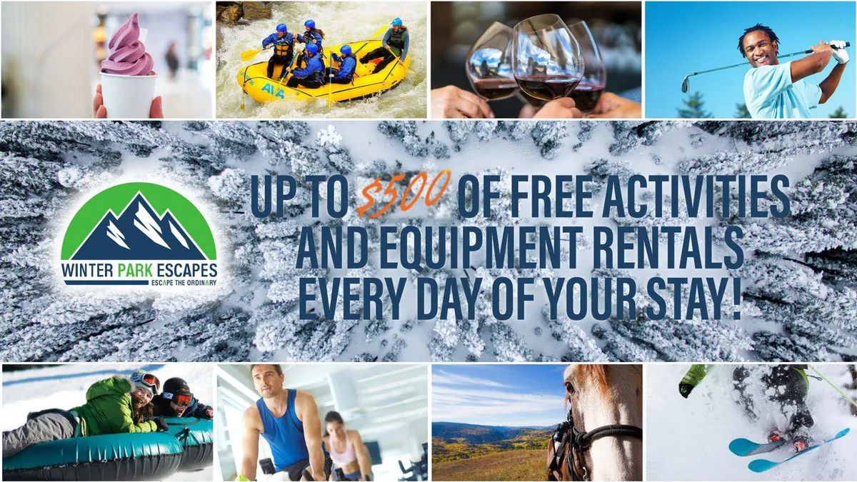This dynamic exterior image features a collage of adventure activities: white water rafting, winter sports like skiing and snowboarding, colorful ice cream cones, horseback riding, and golfing. The energy of the scene highlights both summer and winter activities, blending excitement and variety.