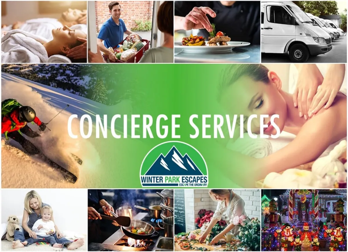 A vibrant montage of concierge services and adventure activities, including visuals of spa treatments, gourmet dining, skiing, family fun, and transportation options. The scene is lively and luxurious, suggesting a full-service, high-end experience.