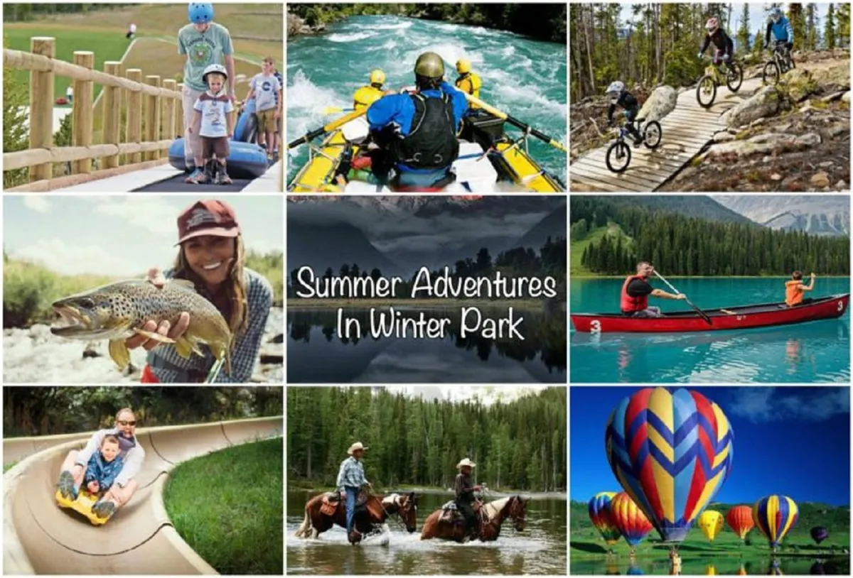 A lively scene showcasing families engaged in outdoor activities: kayakers navigating a river, bicyclists on a scenic trail, and hot air balloons floating above. The image is vibrant, full of action, and highlights fun in nature during the warmer months.